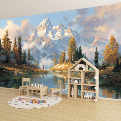 Peel and Stick Wallpaper 96" W x 69" H Modern Self Adhesive Wall Mural for Bedroom Fall Lake Snow Capped Mountain Peak Autumn Trees Golden Leaves