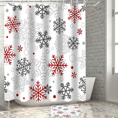 Ensemble de salle de bain 4 pièces avec rideau de douche imperméable, couvercle et tapis de toilette, décor d'hiver flocon de neige