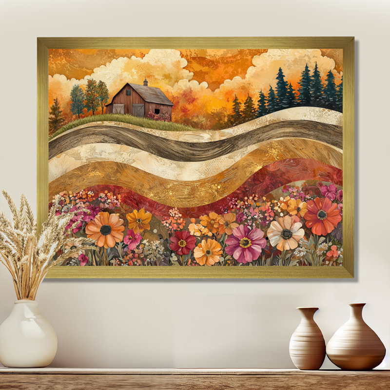 Assortiment de bouquets de fleurs, paysage de grange III - campagne, art mural, H 12 po x l 20 po, Cadre simple, Doré
