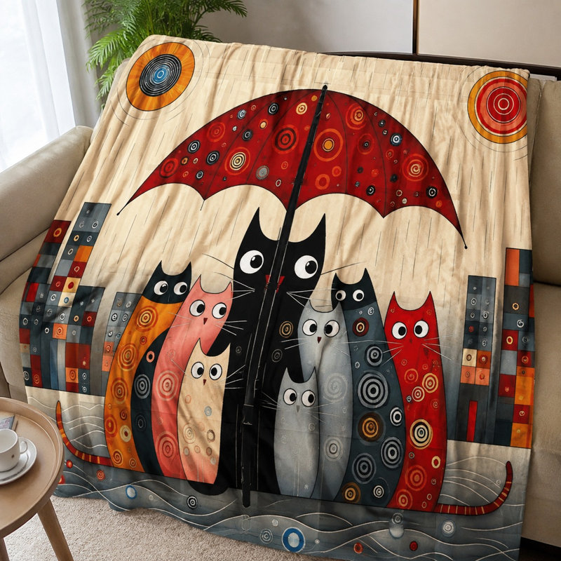 Mignon chat famille sous un parapluie, jeté en peluche Cozy Art Design, Simple (l 60 po x L 80 po)