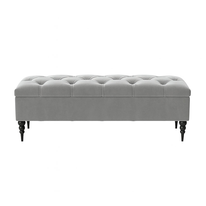 Safar Wide Tufted Rectangle Ottoman Storage Bench – Upholstery Plush Velvet Shoe Bench with Black Turned Wooden Legs, Silver