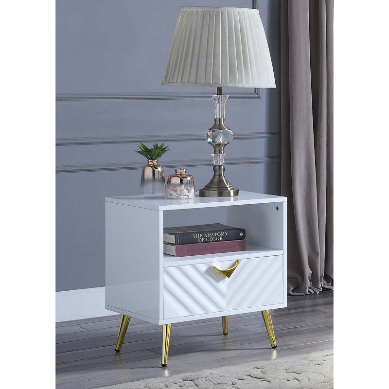 End Table With 1 Storage Drawer And Metal Legs High Gloss