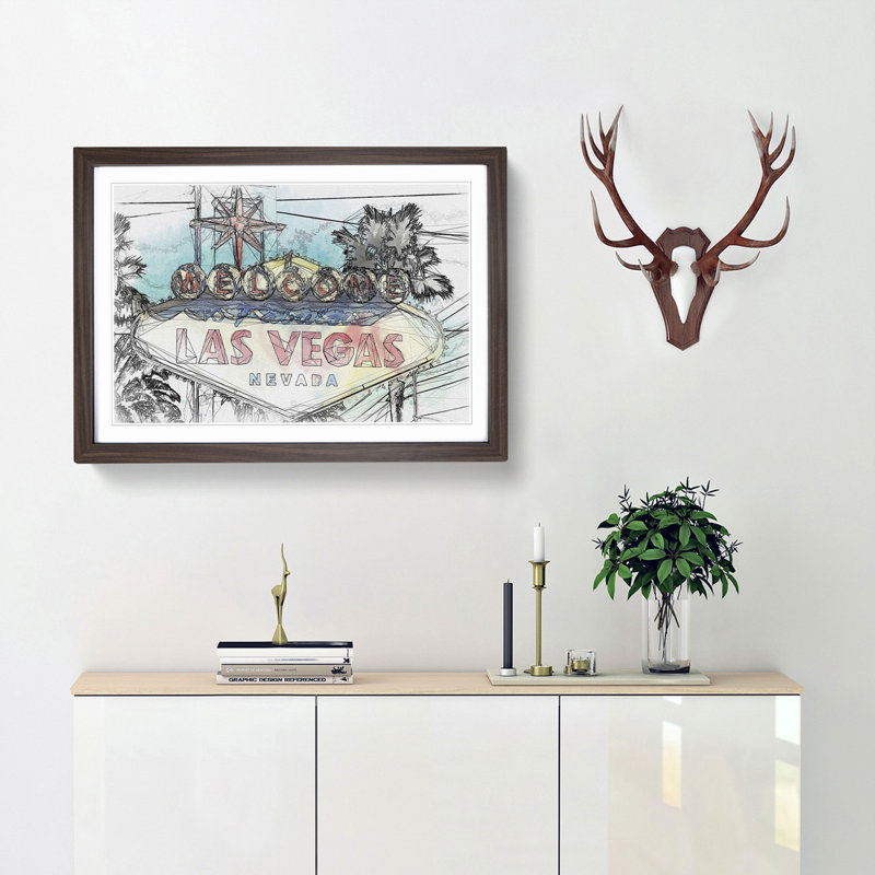 The Welcome to Las Vegas Sign in Abstract - Picture Frame Graphic Art Print, 35cm H x 50cm W x 2cm D, Walnut