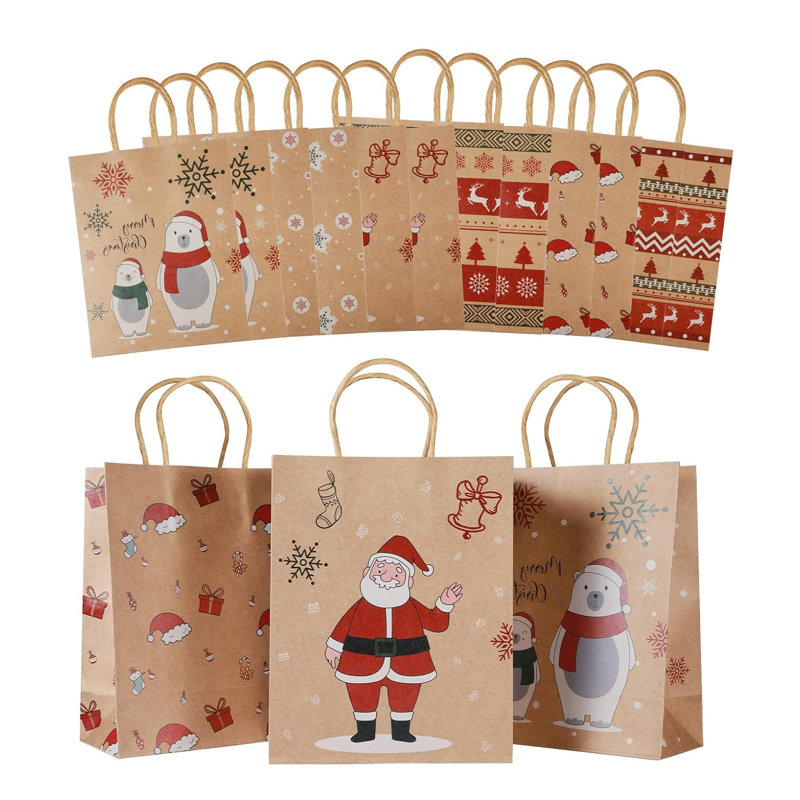 24 Pack Christmas Gift Bags - 6 Designs, with Handles