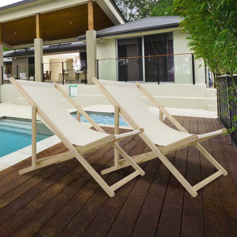 Wooden Patio Lawn Deck Chairs 2 Set Outdoor Camping Sling Chairs