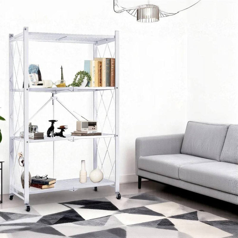 4 Tier White Folding Shelf on Wheels