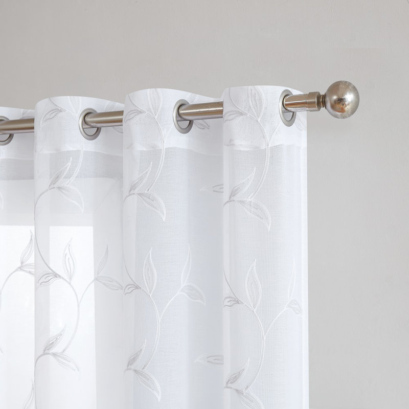 Sheer Faux-Linen Sliding Door Curtain Panel With Rustic Stitched Leaf Embroidery, Silver