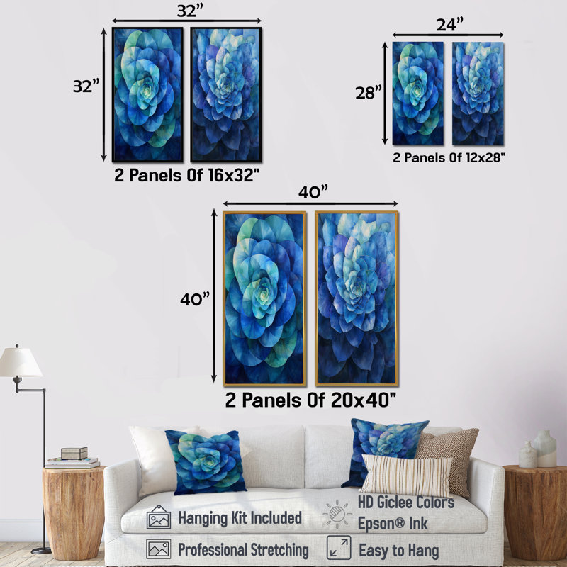 Hortensia bleu et vert vortex III - art mural floral, collection de 2 pièces, H 32 po x l 33 po, Cadre flottant brun