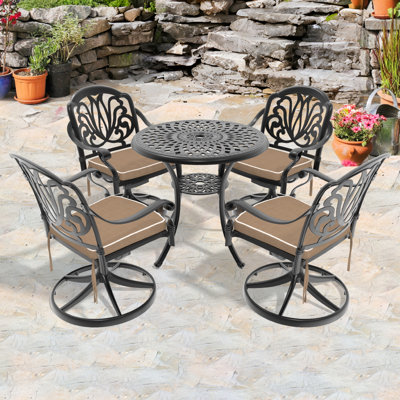 Ensemble de salle à manger 5 pièces en aluminium coulé résistant aux intempéries, comprenant 4 chaises pivotantes et une table ronde de 30,71 po avec cadre