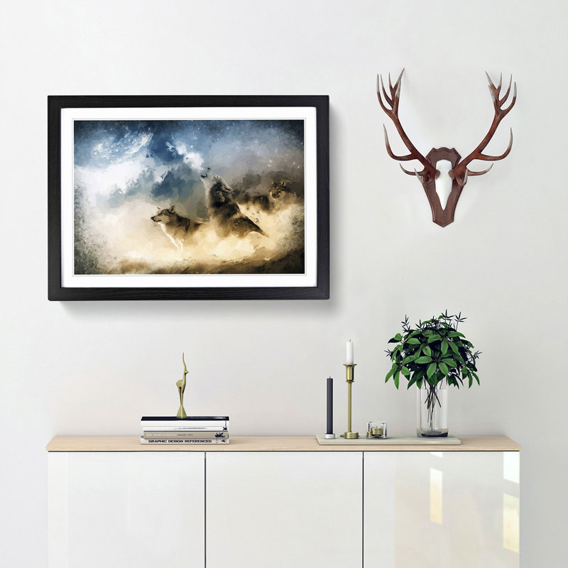 Wolves Howling in the Forest in Abstract - Picture Frame Painting Print, 35cm H x 50cm W x 2cm D, Black