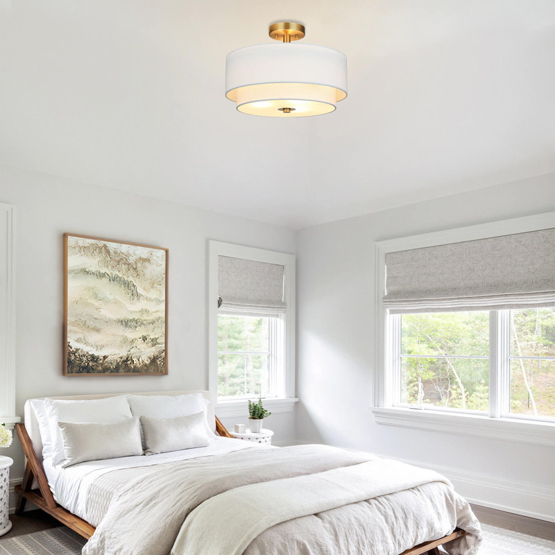 Plafonnier moderne à 3 lumières près du plafond de 16 pouces avec abat-jour en tissu blanc pour le salon d'entrée de chambre à coucher
