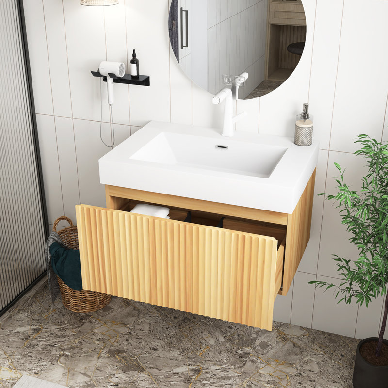 Armoire de salle de bain flottante murale moderne avec lavabo intégré, design minimaliste en contreplaqué pour salles de bain compactes