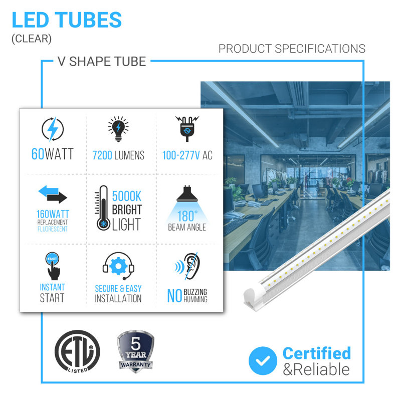 60W T8 8ft Integrated LED Tube Light, 5000 K