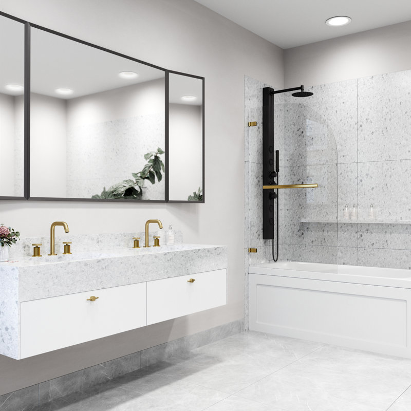Orion 34" W x 58" H Hinged Frameless Tub Door with with 5/16" Clear Glass, Matte Gold