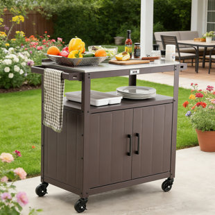 Outdoor Bar Cart Kitchen Storage Cabinets Island With Wheels And Stainless Steel Countertop Ideal For Kitchen Prep And Grilling