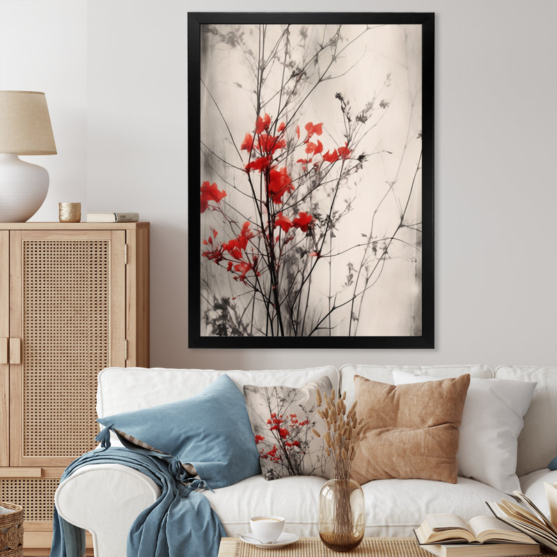 «Red Gray Herb Garden II», art mural floral, Cadre simple noir, H 20 po x l 12 po x P 1 po