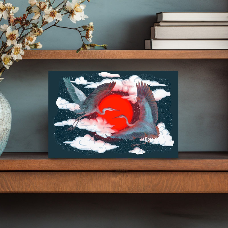 Celestial Cranes Red Sun Dramatic Ethereal Abstract Bird Nature Wildlife Wall Art Print 1 Piece Wrapped Canvas Wall Art