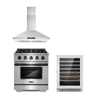 3 Piece Kitchen Package With 30"" Freestanding Gas Range With Custom Handle And Knob Kit 30"" Wall Mount Range Hood 48 Bottle Single Zone Wine Refrigera -  Cosmo, COS-4PKG-1021