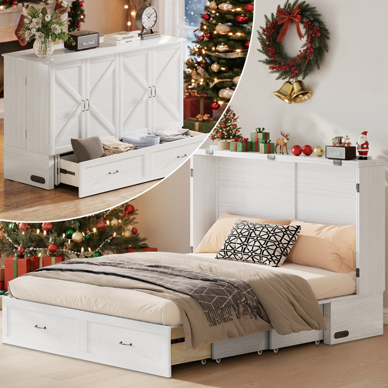Murphy Bed Queen Cabinet Bed with Charging Station & Storage Drawers, White, White