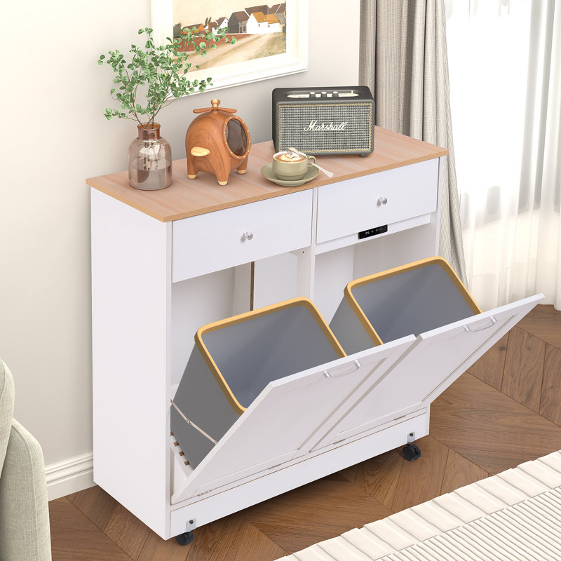 10-Gallon Double Tilt Trash Cabinet With 2 Drawers, Trash Cabinet With Storage On Wheels, White