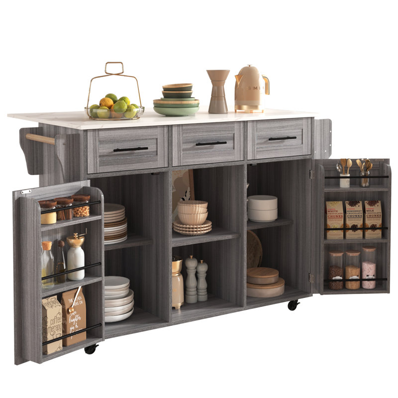 139 cm W Kitchen Island with Top, Faux Marble, Grey/White/Black
