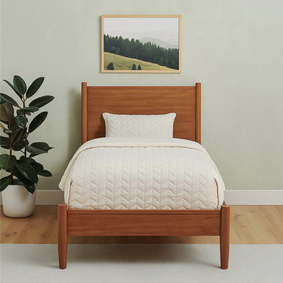 Mid-Century Modern Twin Size Wooden Platform Bed In Oak Finish
