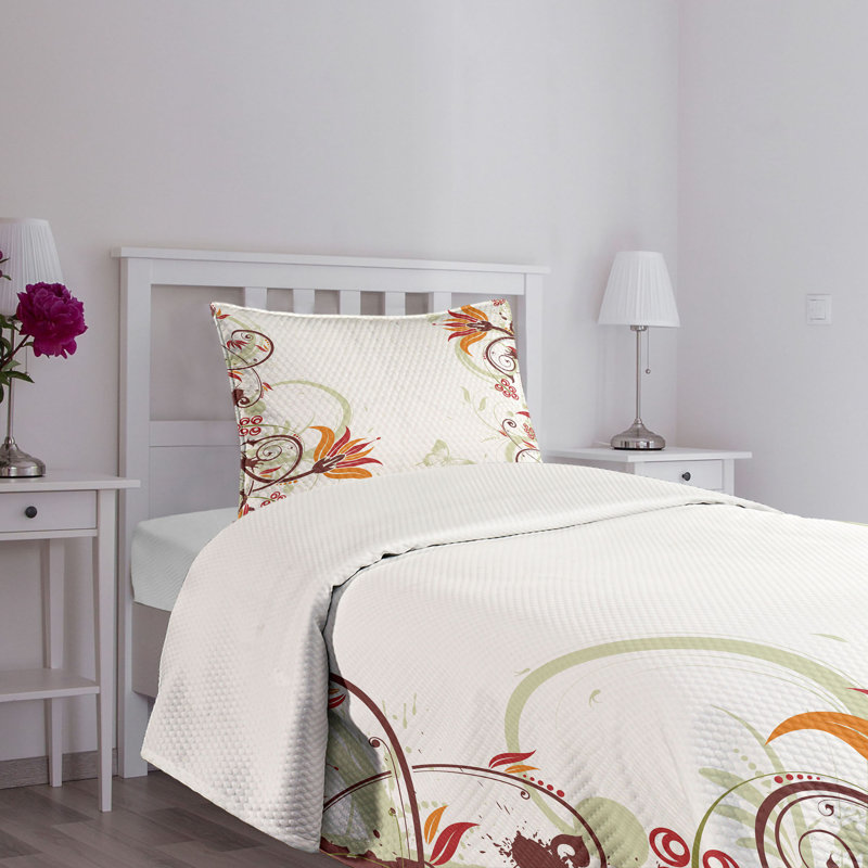 White Quilted Twin Bedspread Set with Floral Design