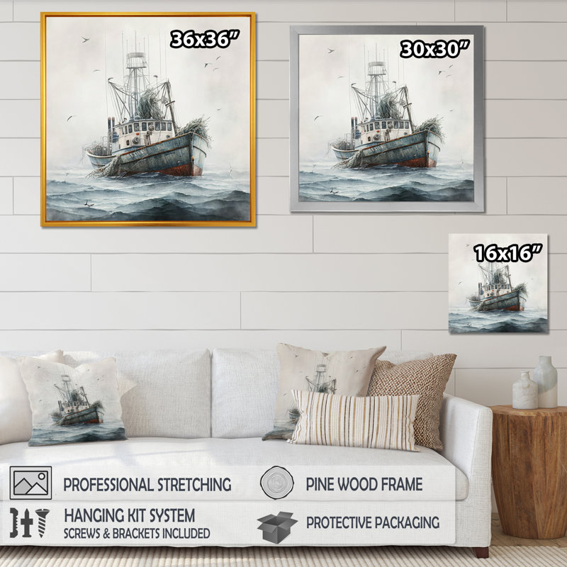 «Fisherman's Boat on the Ocean I», reproduction sur toile, L 16 po x H 16 po, Toile avec cadre flottant noir