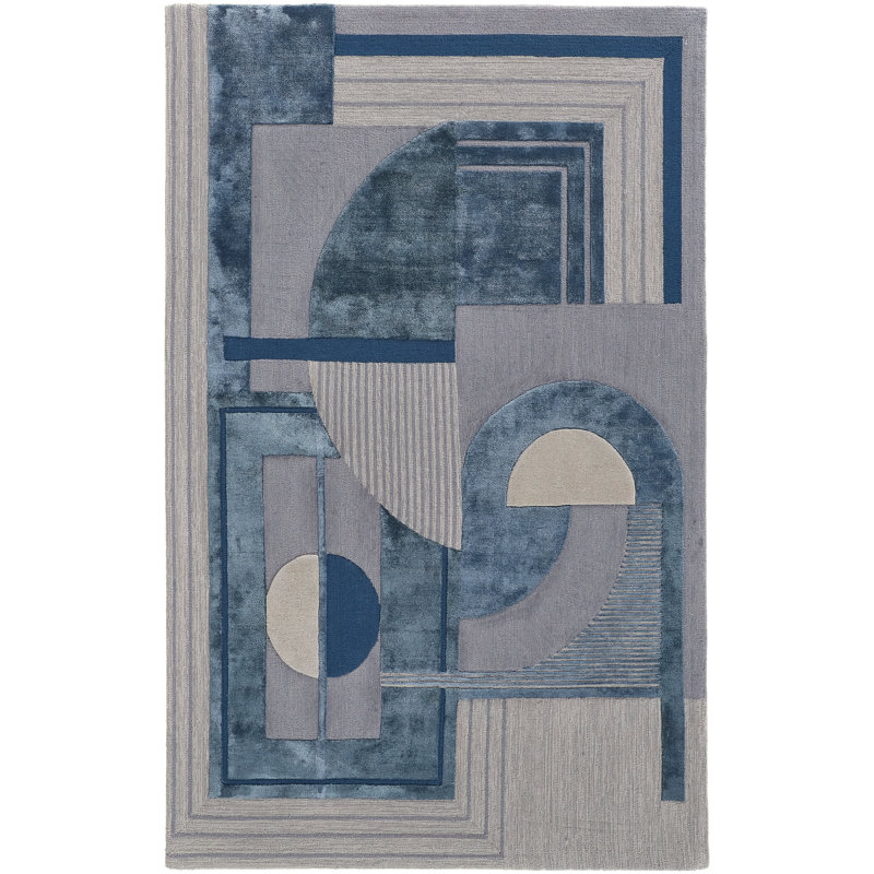 Tapis bleu / gris / ivoire touffeté à la main Hithin, Rectangle de 10 pi x 14 pi
