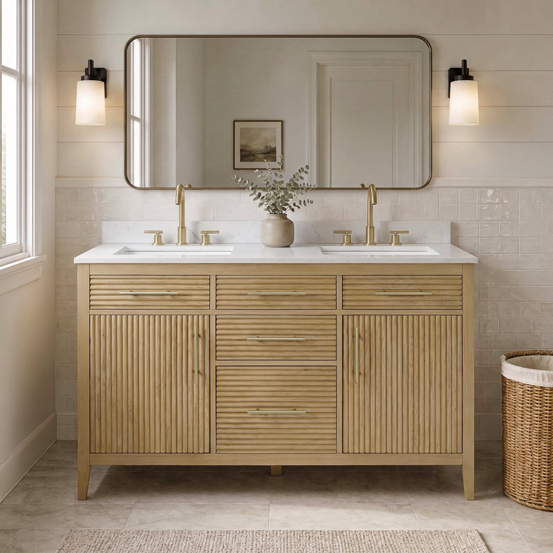 Meuble-lavabo double 55 po avec comptoir en granite blanc Calacatta