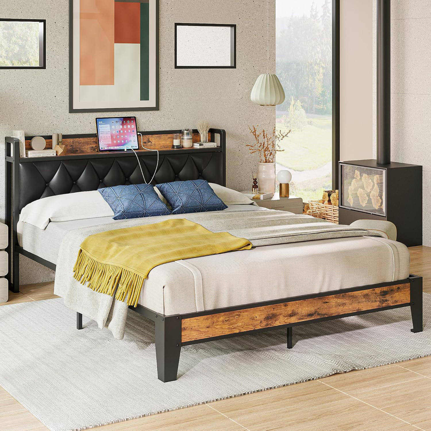 17 Stories Bed Frame Storage Headboard with Outlets - Wayfair Canada