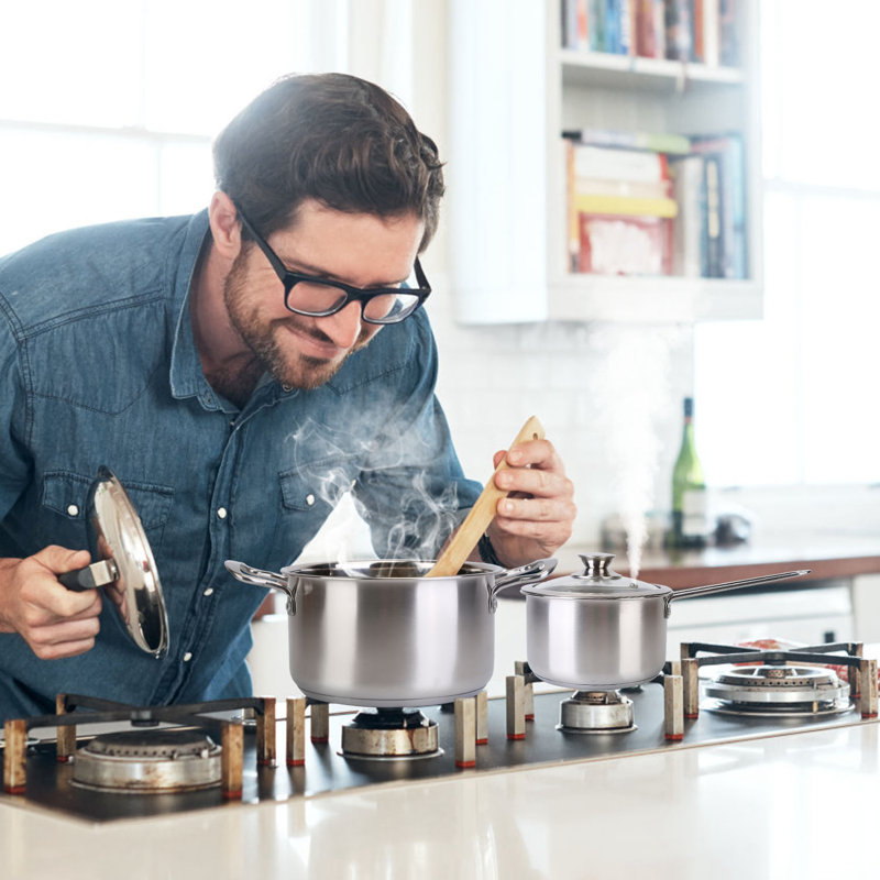 Ensemble de batterie de cuisine en acier inoxydable à cuisson rapide et uniforme avec casseroles et poêles allant au lave-vaisselle