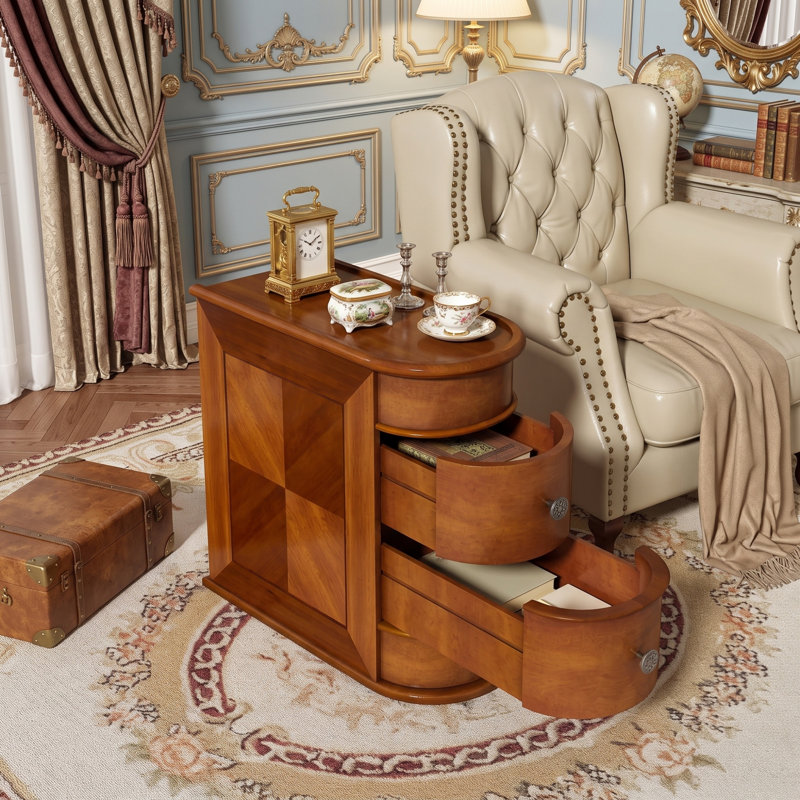 Table de bout vintage en bois avec 2 tiroirs, sans assemblage, 1