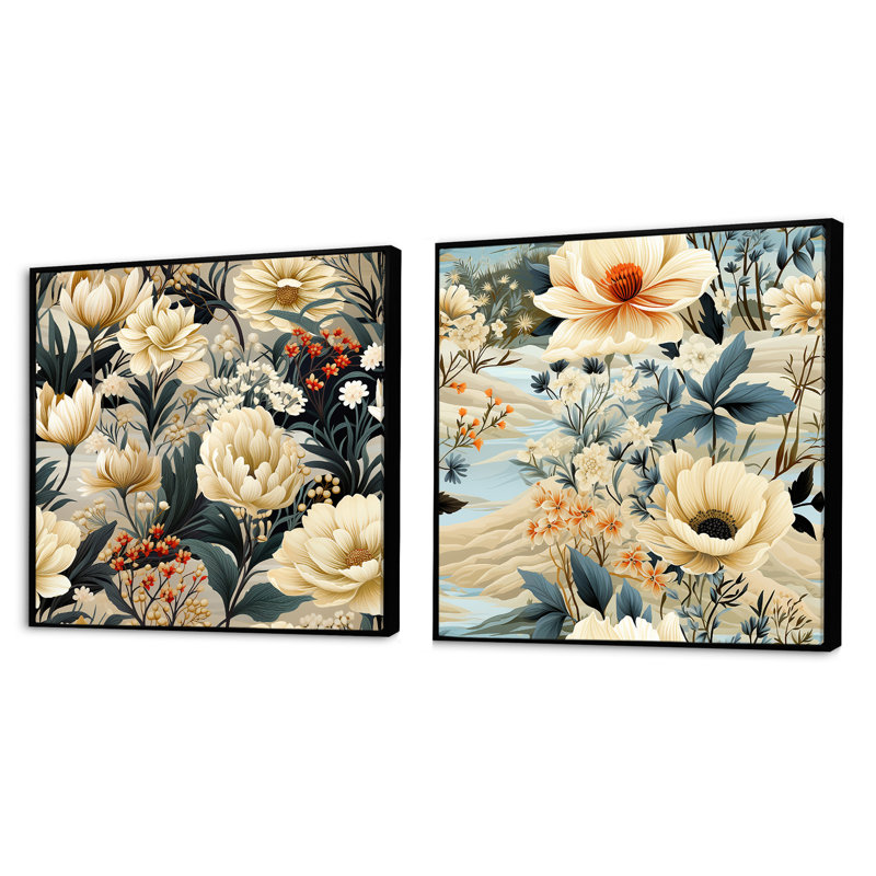 Searcy - Ensemble de 2 collages carrés floral et botanique, Cadre flottant noir, H 16 po x l 33 po