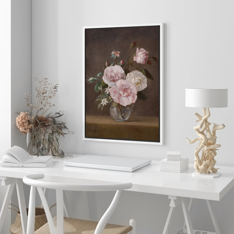 Reproduction d'art sur toile encadrée - œuvre d'art botanique florale rétro pour le décor du salon, H 24 po x l 16 po, Blanc