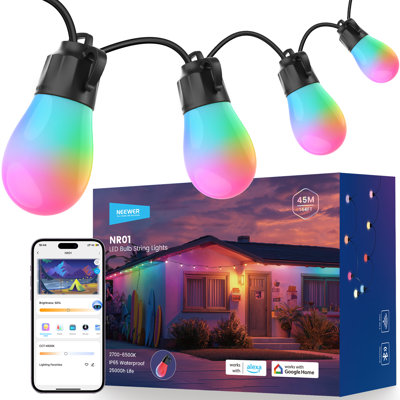 144ft Outdoor String Lights, App Control Smart AI RGBW Dimmable Waterproof Hanging Outside Lighting for Patio Balcony Backyard, 45 LED Bulbs/53 Scenes/2700K-6500K, Compatible with Alexa, NR01
