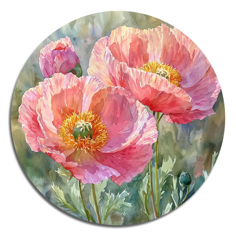 Pivoine d'été dans la brise - coquelicots ronds, impression sur métal rose traditionnel, H 23 po x l 23 po