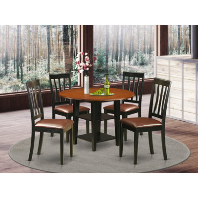 Ensemble de table de cuisine 5 pièces comprenant une table de salle à manger ronde avec abattant et étagères et 4 chaises rembourrées en similicuir, 107 x 107 cm, noir et cerisier