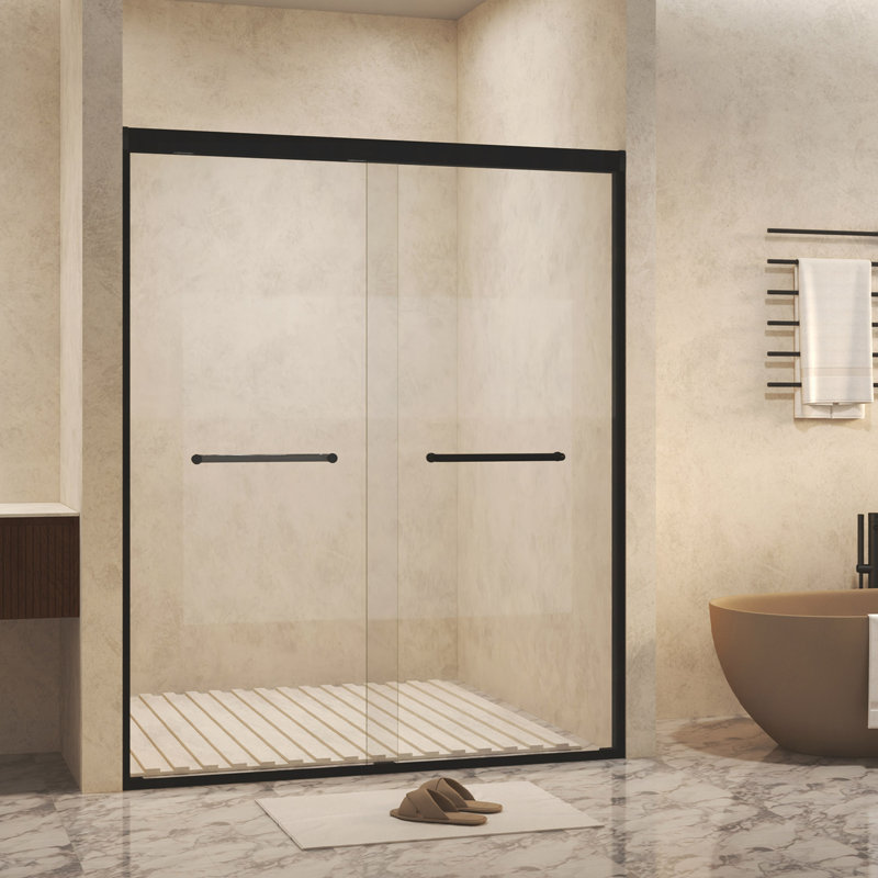 44-48" W × 72" H Tempered Glass With Explosion Proof Film, Aluminum Frame Double Sliding Shower Door, "1/4 (6 Mm), Stainless Steel Handle