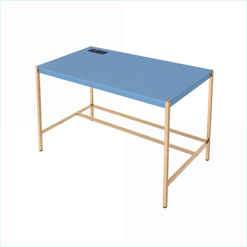 Bureau d'écriture moderne avec port USB, plateau blanc ultrabrillant Base en métal doré | Or, bois synthétique