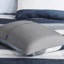 Literie simple bleue / grise avec édredon à rayures. . Comprend l'édredon, les taies décoratives, les draps et les taies d'oreiller. Convient à un matelas de 14 po ou moins. Lavable à la machine. Draps de lit élégants. Tissu. Rembourrage.