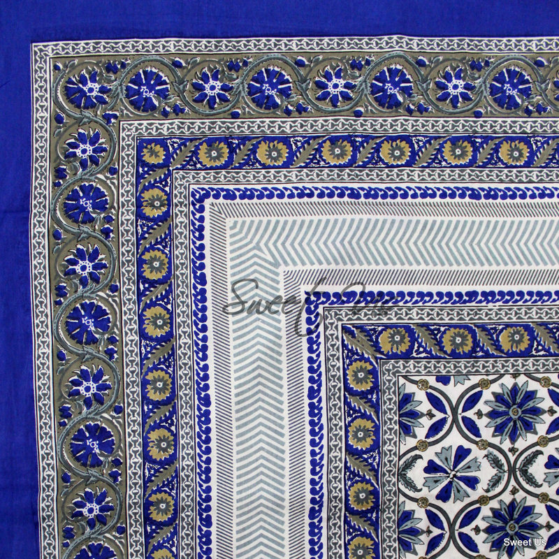 Floral Enchantment Rectangle Floral Cotton Tablecloth, Blue, 104''L x 70''W