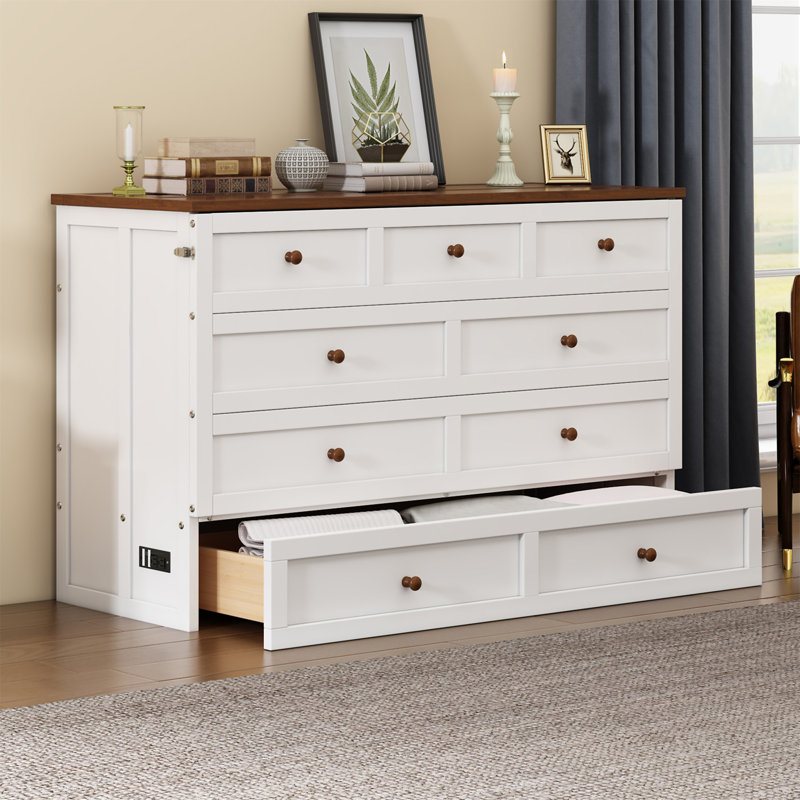 Commode pour lit escamotable en pin massif avec station de charge et grand tiroir de rangement pour bureau à domicile ou petite pièce