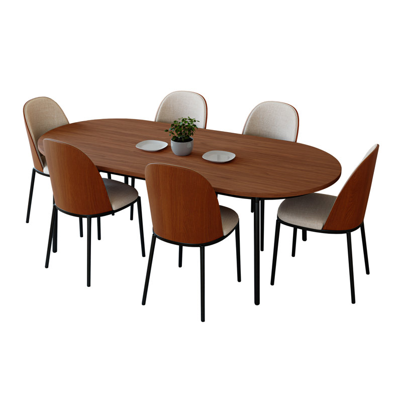 Kelce 6 Person 71" Oval Dining Table Set with Modern Upholstered Chairs, Walnut, Walnut/Beige