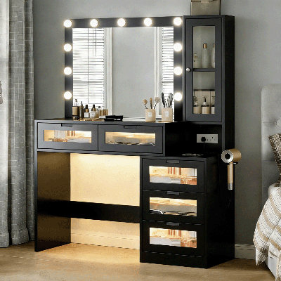 43'' Farmhouse Makeup Vanity Desk with Charging Station, Big Modern Lighted Vanity Table RGB Drawer, Dressing Table for Bedroom with 5 Drawers & Storage Shelves,Black