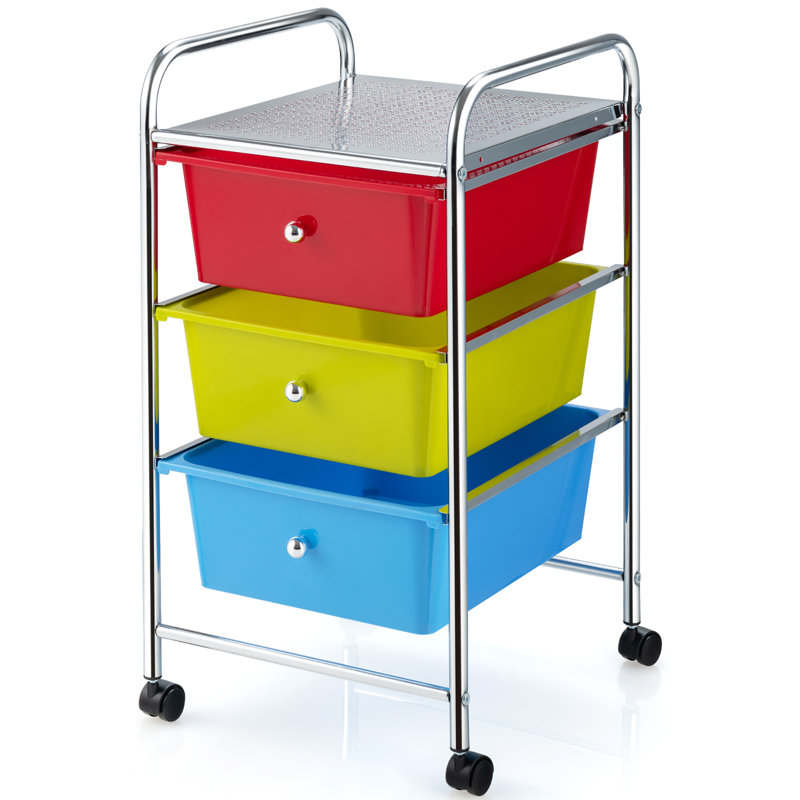Commode de rangement 3 tiroirs Ams, Rouge / Jaune / Bleu