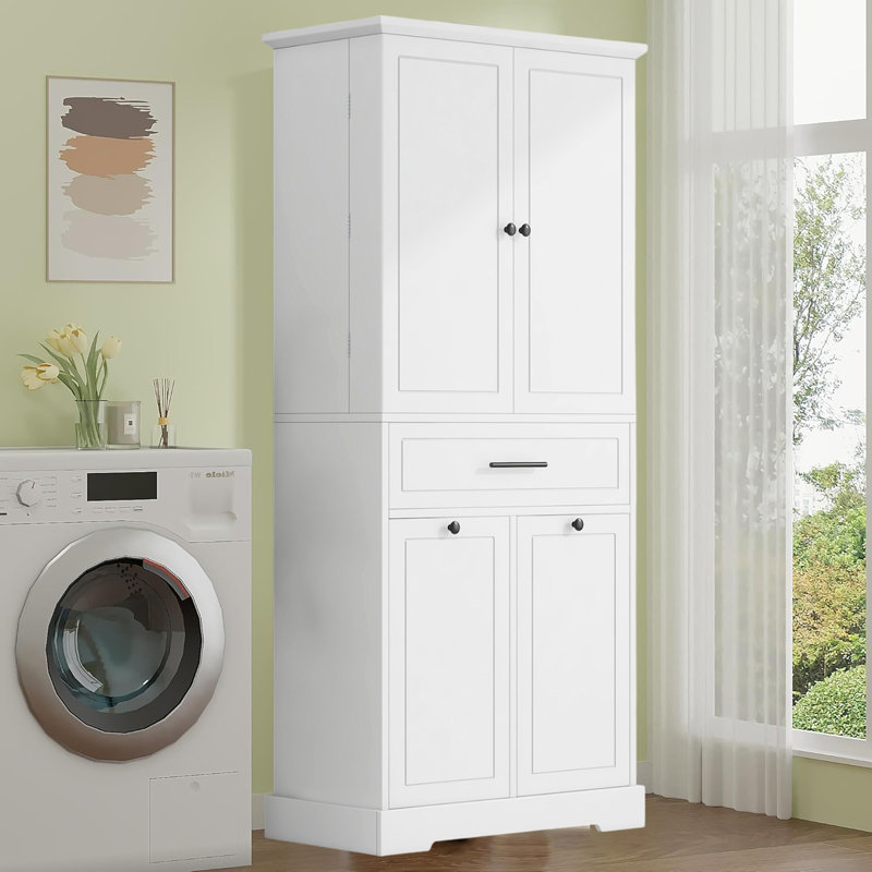 Armoire de rangement flexible pour salle de bain avec portes et tiroirs, 3 tablettes réglables, panier à linge inclinable