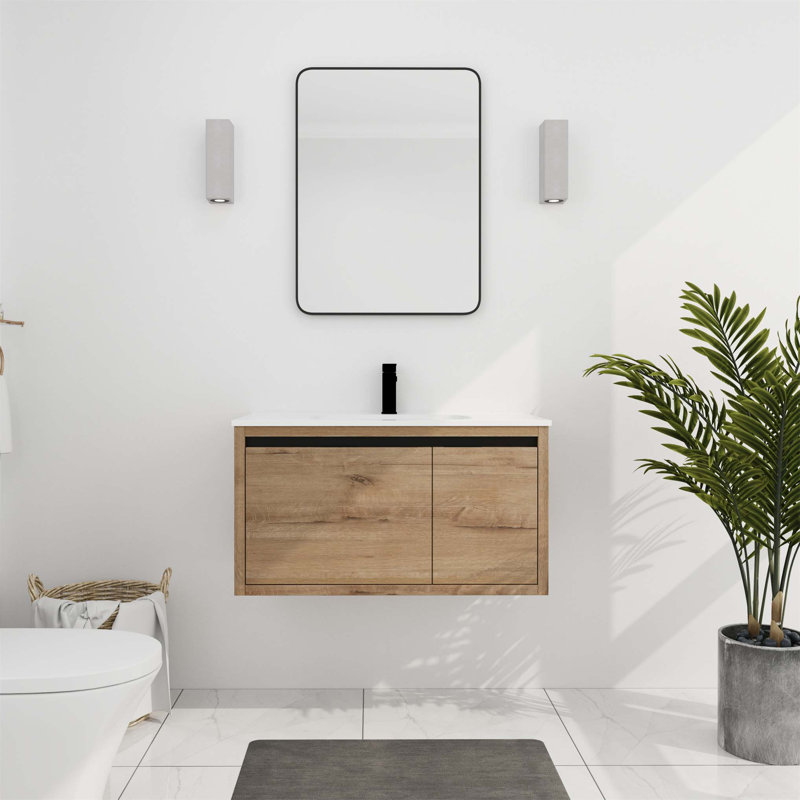 Lynnlea 18.1'' Single Bathroom Vanity with Ceramic Top, Imitative Oak