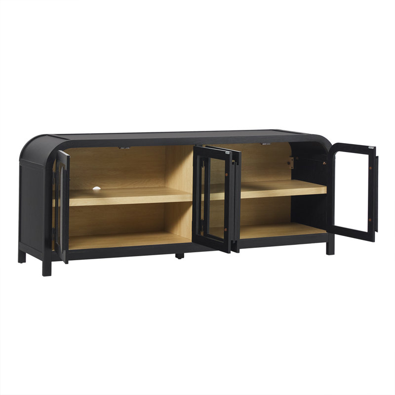 Meuble télé moderne incurvé avec portes en verre, 70 pouces, Noir