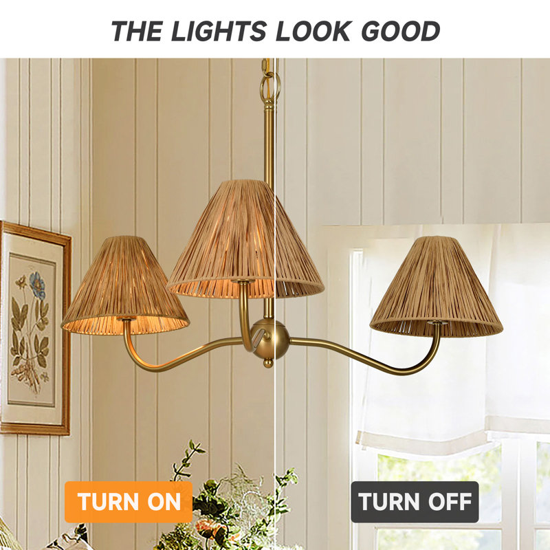 3-Light Adjustable Cone Pendant – Hand-Wrapped Paper Shades, Brass-Copper Finish, Sloped-Ceiling Ready, 22–29" Drop.